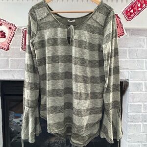 Free People Green Striped Long Sleeve Tee bell sleeve NWT key hole shirt top